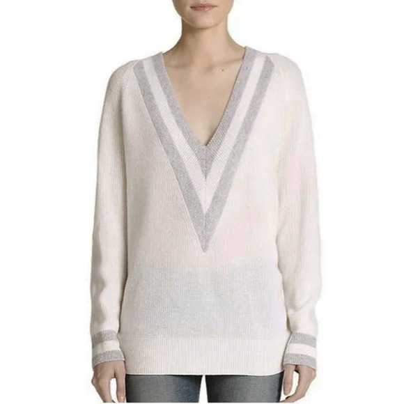 Rag & Bone Women's Cream Gray Cashmere Varsity Sweater Neutral Quiet Luxury Soft - Picture 2 of 11